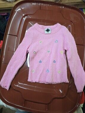 Alternative Apparel Pink Long-Sleeve Top with Multicolor Heart Embroidery